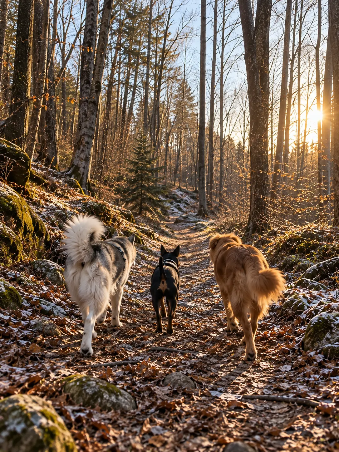Trije psi raziskujejo gozdno pot